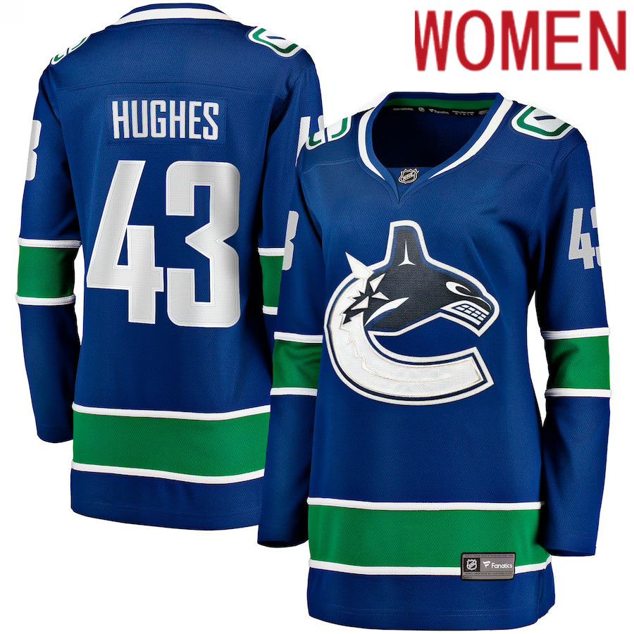 Women Vancouver Canucks 43 Quinn Hughes Fanatics Branded Blue Home Breakaway NHL Jersey